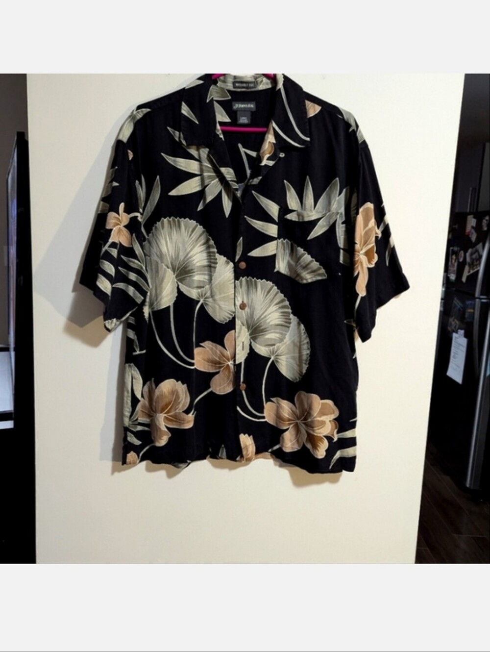 St John's Bay.Tropical Black Hawaiian Shirt with Beige Floral Print